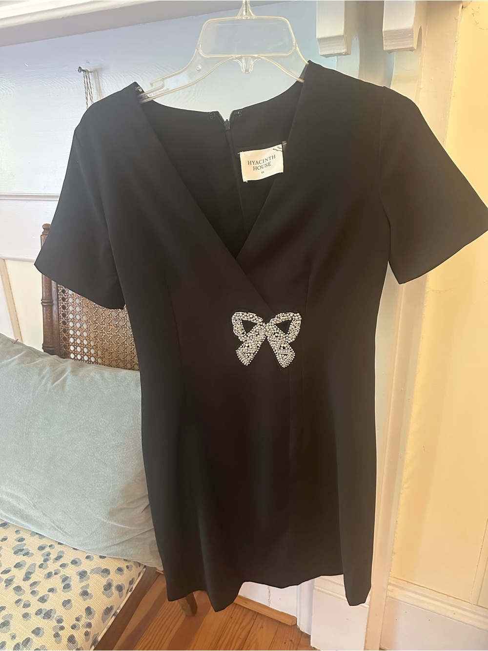 Black Short-Sleeve Dress with Rhinestone Bow